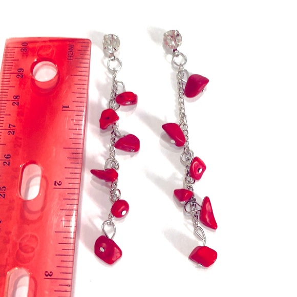 Drop Earrings Red Semi Precious Stones Silver Tone Rhinestone - Picture 4 of 4